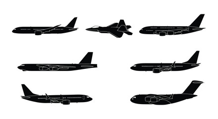 Airplane silhouettes black vector graphics on a white background © Nayem
