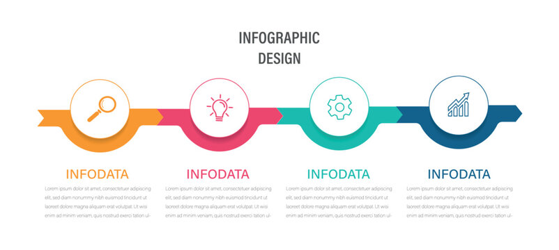 Arrow process infographic with four steps and icons.  Timeline design for brochure, presentation. Infographic design layout.                              