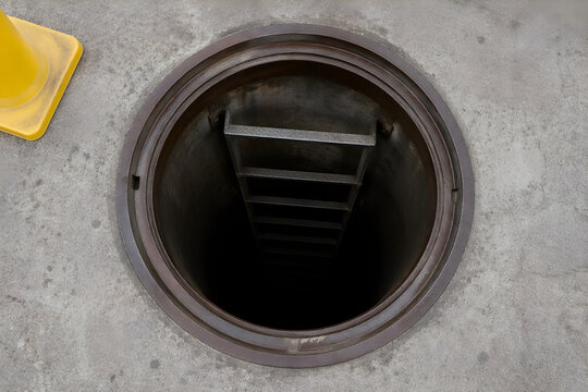 Top down aerial view of open circular manhole with metal ladder descending into complete darkness below iron rim on concrete ground with yellow safety cone visible at corner
