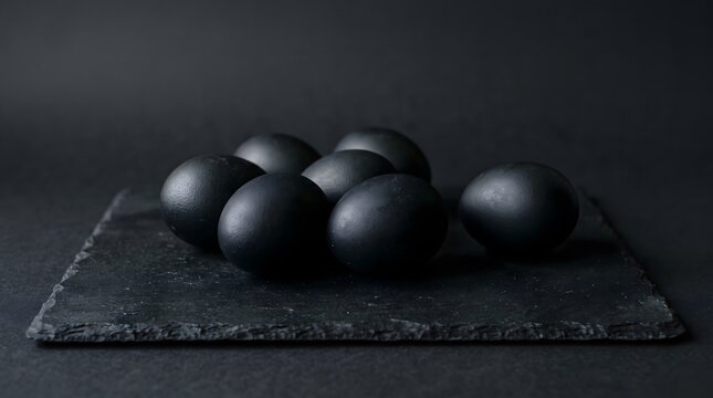 Black Eggs on Dark Stone Surface, Minimal Luxury Still Life Food Photography, Organic Farm Eggs, Gourmet Ingredient, Easter Concept and Premium Culinary Background