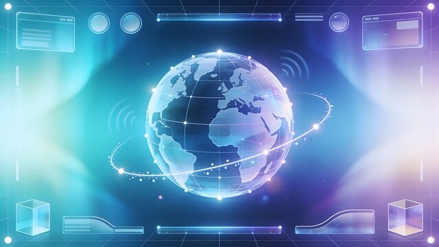 Glowing digital earth globe with global communication lines and tech user interface elements. High resolution horizontal graphic suitable for corporate website banners and science slides.