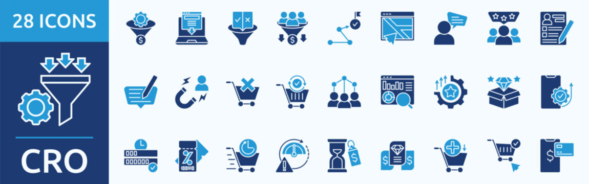  CRO - Icon Collection. Thin glyph blue Set contains such Icons as conversion rate, landing page, split testing, sales funnel, goal tracking, click tracking  and more. Simple web icons set
