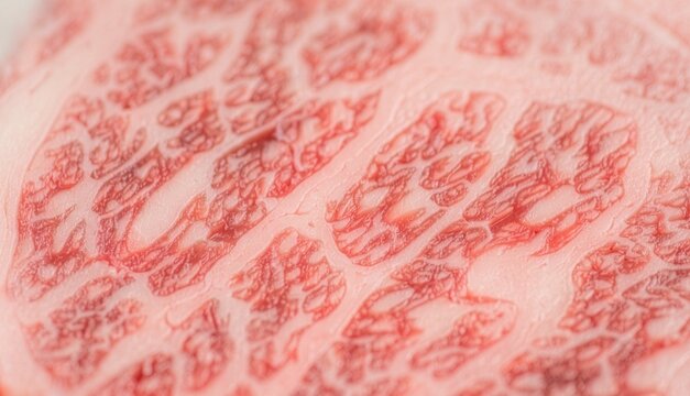 Top-down macro shot of raw Japanese Wagyu beef slice, showcasing the high-density white marbling pattern interwoven with pink meat fibers, shallow depth of field, premium stock photography.