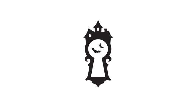  A minimalist haunted house keyhole silhouette revealing a tiny moon and bat inside the keyhole, single-image concept, premium black and white vector