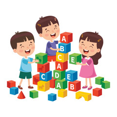 Obraz premium Happy children playing with colorful alphabet blocks early learning