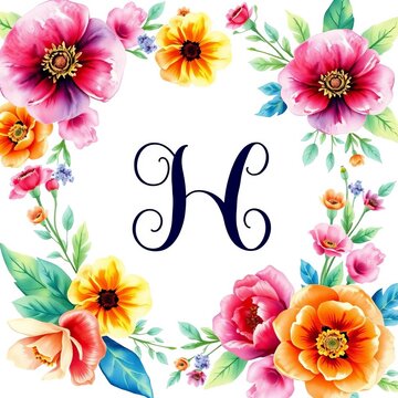 Watercolor floral wreath with cursive monogram, design, floral