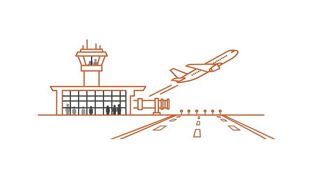 Airplane taking off from airport runway. Aircraft departing terminal for travel.