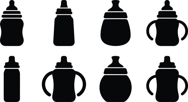 Baby Feeding Bottle Silhouette Icon Set with Sippy Cups and Newborn Nursing Equipment Symbols for Infographics, Apps, and Digital Graphic Designs