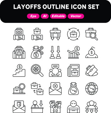 Layoffs Icon Set - Corporate Restructuring, Job Loss, and Employment Reduction Outline Vector Graphics