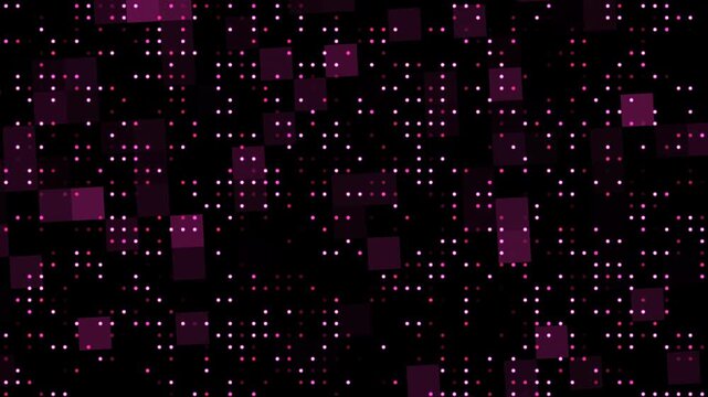 Abstract pink digital matrix glowing dots on dark background. Futuristic cyber data grid displaying flashing magenta squares. High tech neon LED pixel panel seamless loop motion animation pattern
