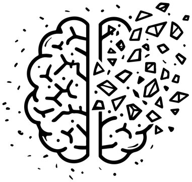 Brain with shattered fragments breaking apart with depicts brain divided two one side intact other side shattering fragments mental health line art