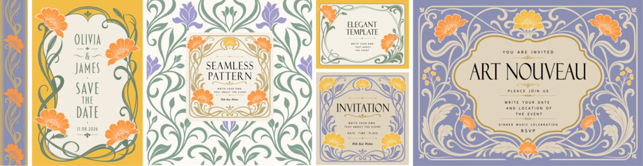 Fototapeta na wymiar Art Nouveau Gala vector set with ornate floral frame, vintage typography, flowers, ornament, plant and decorative design elements for wedding invitation, poster, card, border or classic branding 