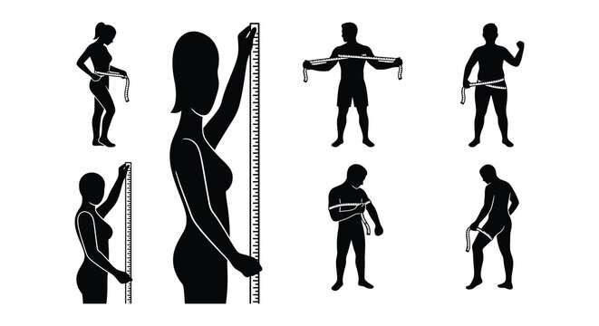 Weight loss progression vector illustrations with measuring tape black and white