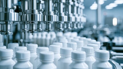 Fototapeta premium Rows of laboratory bottles with caps in a blue scientific facility