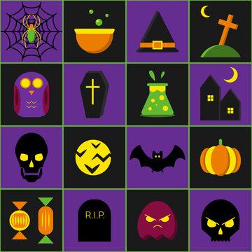 Halloween seamless pattern in simple geometric style. Holidays icons and symbols in checkerboard grid pattern. Saturated, vivid colors.