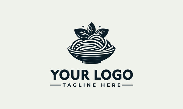 Minimalist pasta bowl logo with basil leaves for restaurant branding and food industry vector graphic design