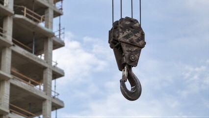 Fototapeta premium Close industrial view of hanging crane hook above urban project highlights metal hardware, lifting readiness and clear construction symbolism with ample copy space.