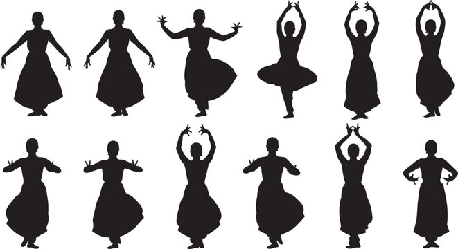Indian classical dancers in silhouette poses against a white background