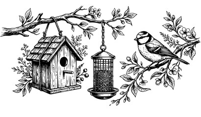 Hand Drawn Sketch of Wooden Birdhouse and Seed Feeder Hanging from Tree Branch with Perched Songbird for Backyard Wildlife Gardening Graphic Designs © Hosneara
