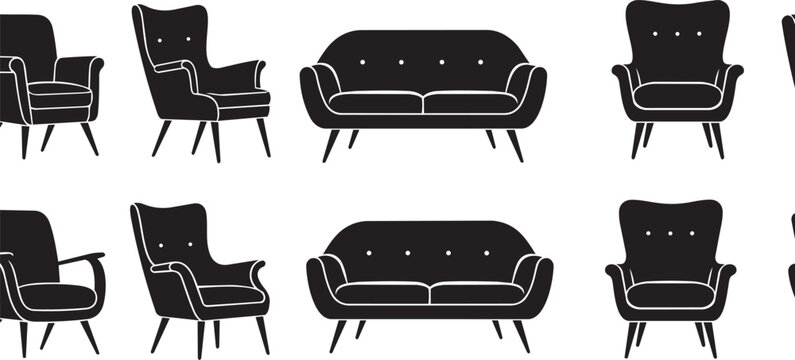 Modern sofa and armchair silhouettes in a repeating pattern against a clean white background