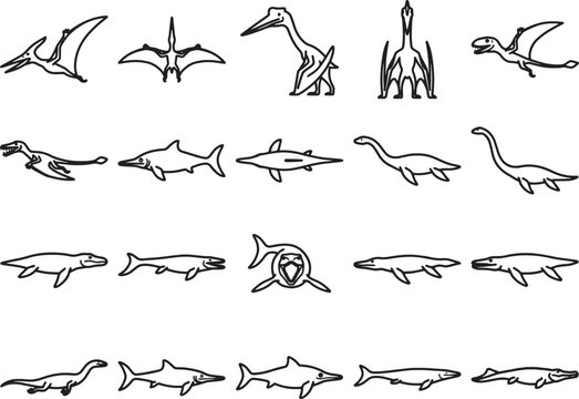 Minimalist prehistoric marine reptile and flying pterosaur outline icon set, featuring simple black line art silhouettes of extinct dinosaur species.