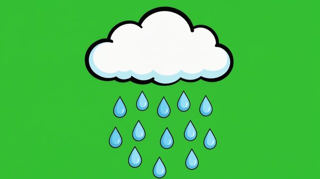 Cheerful Cartoon Rain Cloud Floating on Green Screen Animation