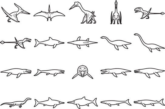 Collection of prehistoric marine reptile and flying reptile illustrations, featuring various extinct creatures in a clean, white background presentation.