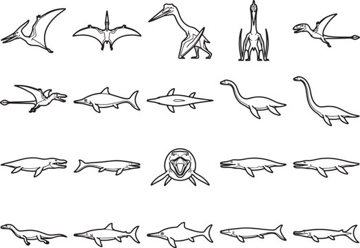 Collection of prehistoric marine reptiles and flying dinosaurs in sketch art.