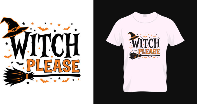 Halloween witch t shirt design with broom and bat graphics