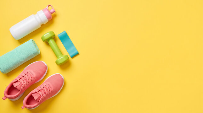 Flat lay of fitness equipment including pink sneakers, green dumbbell, resistance band, towel and water bottle on a vibrant yellow background