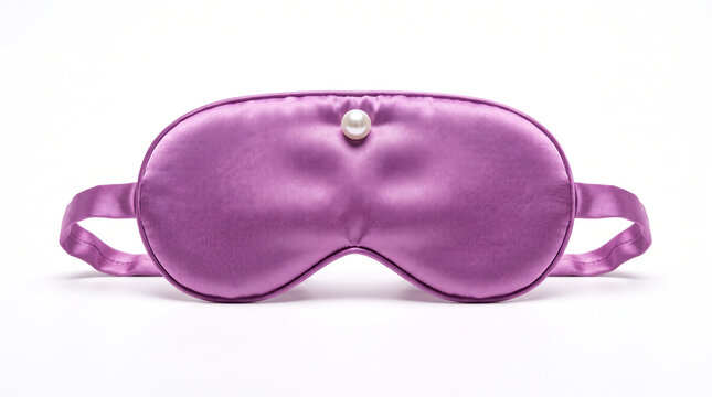 Purple silk sleep mask with a single pearl decoration isolated on white background