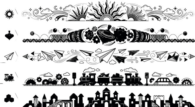 Set of whimsical decorative dividers featuring suns, spinning tops, paper airplanes, toy trains, and building blocks in a playful doodle style transparent background