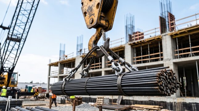 Suspended rebar bundle hangs from crane hook and slings near unfinished structure, creating strong engineering image about reinforcement, lifting and site logistics.