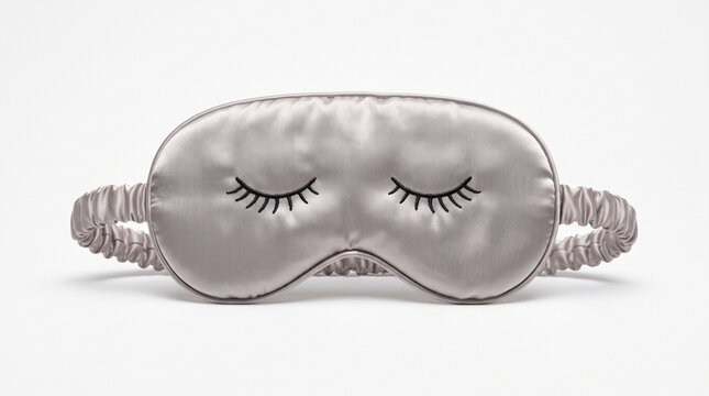 Silk sleep mask with embroidered eyelashes isolated on white background