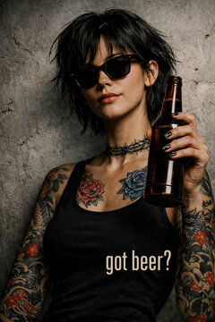 donna bruna con tatuaggi e una bottiglia di birra in mano in stile pubblicit&agrave;, brunette woman with tattoos and a bottle of beer in hand in advertising style