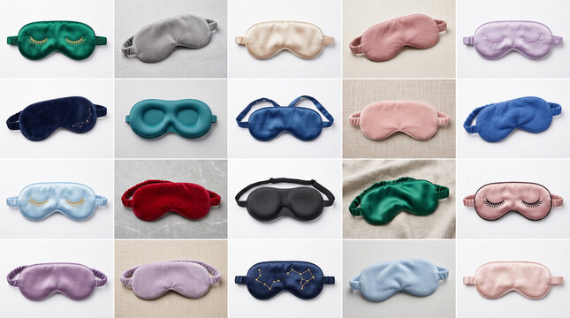 Collection of various luxury sleep masks in different colors and materials