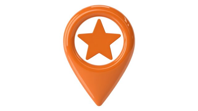 Orange plastic map pointer pin location marker with star symbol isolated on transparent background cut out 