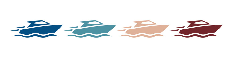 Speed boat icons moving fast on water waves in a simple flat vector design style for nautical travel and maritime themes © Progotibd303