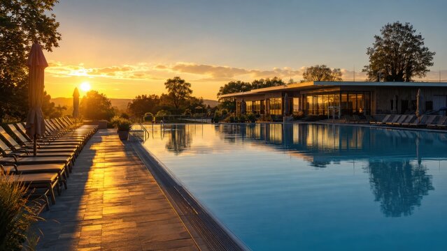 Leeres Schwimmbad im goldenen Abendlicht. Das ruhige Wasser, die langen Reflexionen und die moderne Anlage vermitteln Sommerstimmung, Entspannung und elegante Freizeitarchitektur.