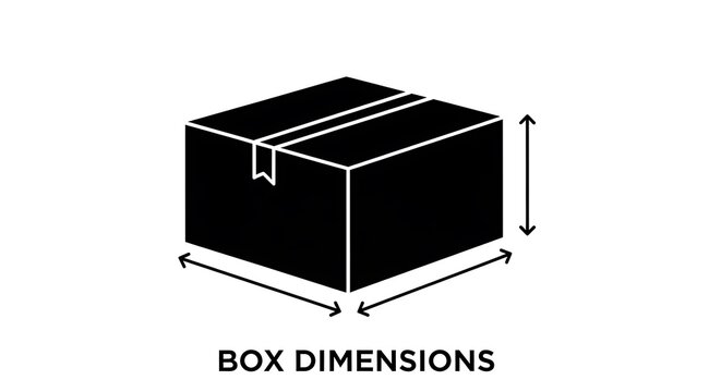 Icon of a cardboard box with dimension arrows isolated on white background