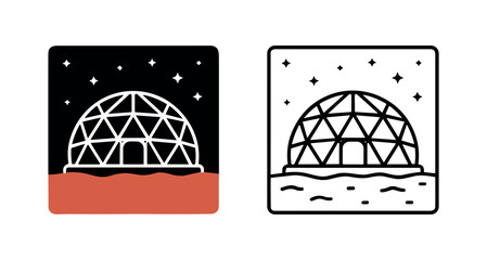 Geodesic Dome Habitat on Mars Icon Set. Space Colonization and Future Living Symbol. © liubomir118809