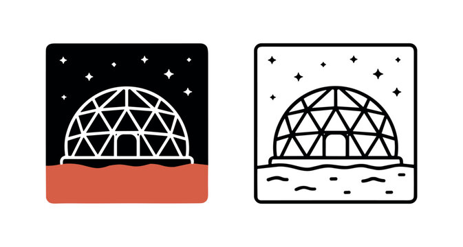 Geodesic Dome Habitat on Mars Icon Set. Space Colonization and Future Living Symbol.