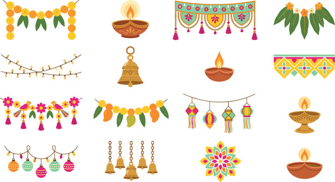 Collection of traditional Diwali decorative elements including marigold garlands, diyas, lanterns, rangoli, bells and festive hanging ornaments vector set