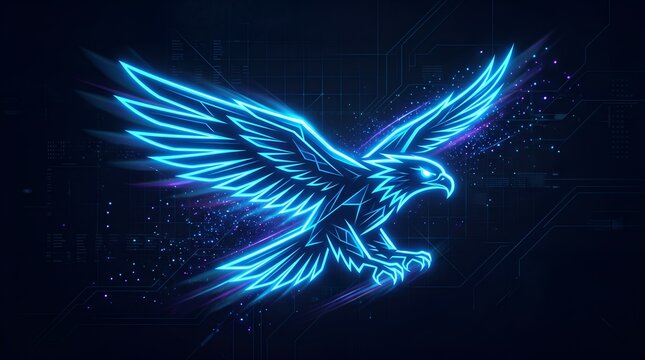 Glowing neon blue eagle flying across dark digital circuit background.