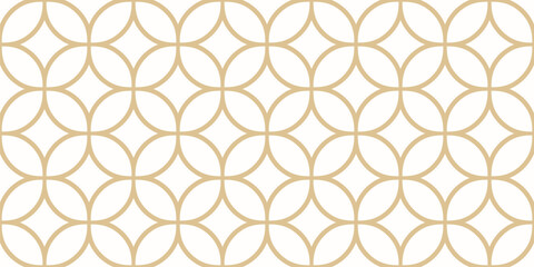 Fototapeta premium Golden vector geometric ornament. Minimal seamless pattern with curved lines, floral grid, lattice, diamonds, leaves. Simple classic ornament in oriental style. Gold and white repeating geo background