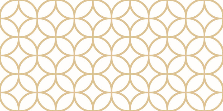 Golden vector geometric ornament. Minimal seamless pattern with curved lines, floral grid, lattice, diamonds, leaves. Simple classic ornament in oriental style. Gold and white repeating geo background