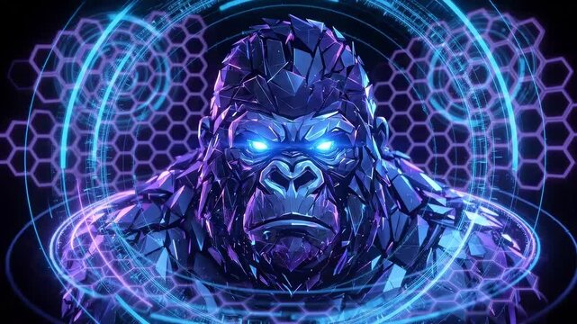 Animated gorilla mascot with neon blue eyes surrounded by purple and blue neon rings and hexagons