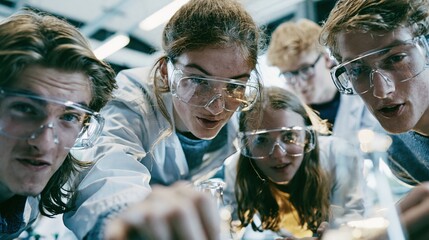 Obraz premium Curious students wearing safety goggles closely observing a science experiment in the lab. 