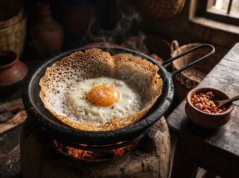 A premium, high-resolution close-up of a traditional Sri Lankan egg hopper (Bitta Appa) featuring crispy, golden-brown lace edges and a perfectly soft egg in the center. Presented in a rustic clay pan