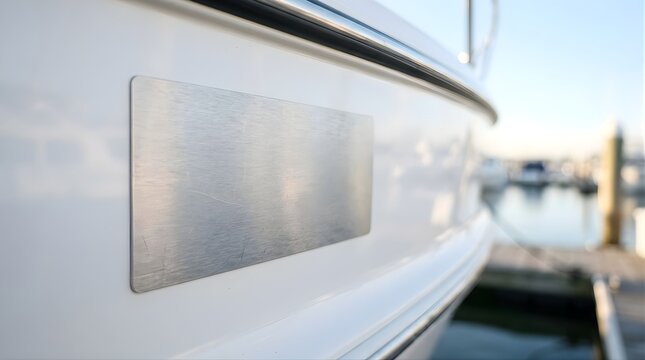 Close up of a metallic nameplate on the side of a modern yacht docked at a sunny harbor with water and boats in the background